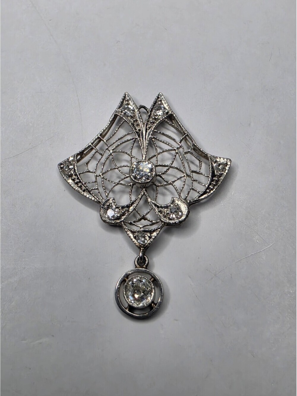 Antique Edwardian Diamond Filigree Brooch Pendant Platinum Art Openwork 3.3g